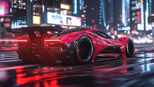 Futuristic red hypercar roars through neon city streets.