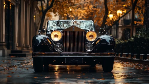 Vintage luxury car gleams on a rainy autumn city street