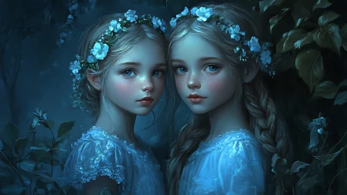 Moonlit twin sisters stand in an enchanted forest glade.