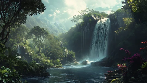 Lush jungle waterfall cascades into misty emerald pool.