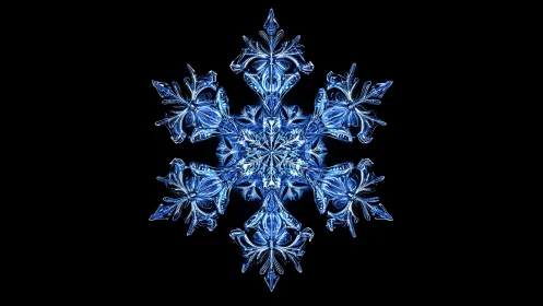 Glowing crystalline snowflake radiates in intricate blue symmetry.