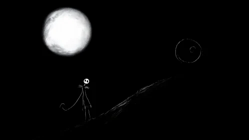 Moonlit skeletal figure on dark hillside at night.
