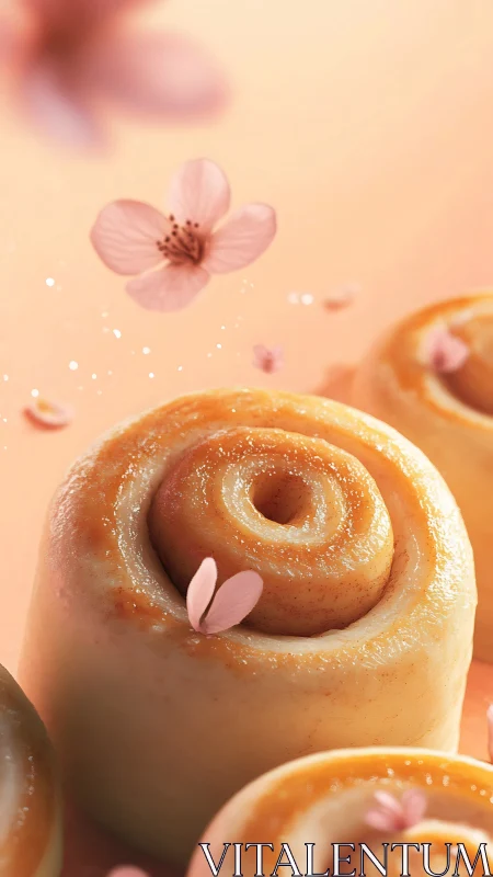 Delicate pastries adorned with pink flowers in soft light.