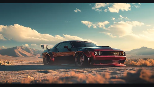 Widebody red muscle car in cinematic desert sunset landscape