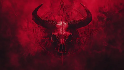 Horned animal skull centered over pentagram in dense red fog