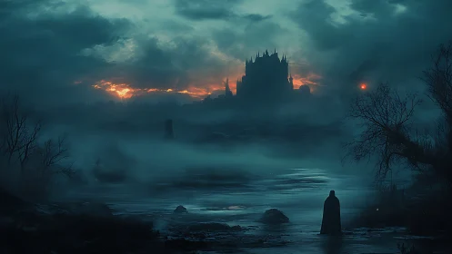 Dark fortress above misty marshland under storm clouds.