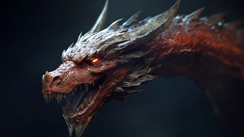 Fiery horned dragon head rendered in realistic 3D detail.
