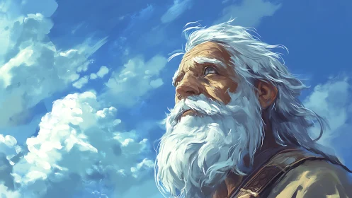 Elderly dreamer gazing into bright, hopeful summer skies.