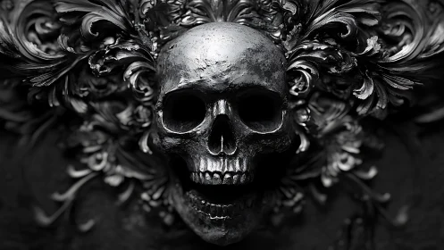 Baroque metallic skull relief rendered in dramatic chiaroscuro lighting