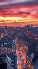 Dramatic dusk skyline above rainlit European city street.