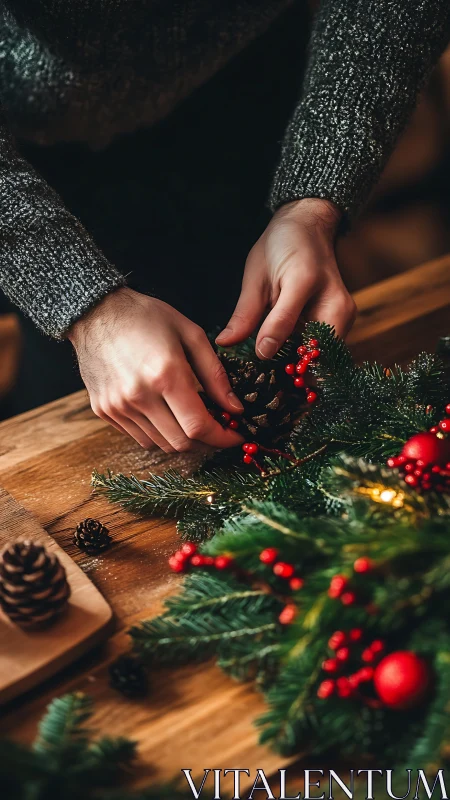 Hands arranging pinecone and holly on rustic Christmas garland