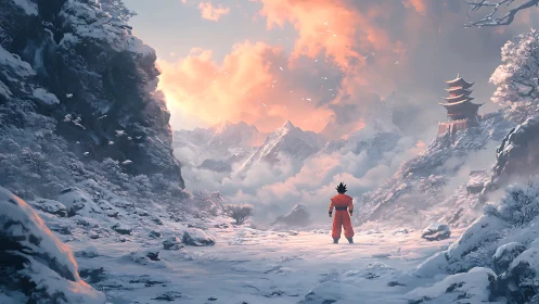 Solitary anime warrior in snowy mountain pass facing distant pagoda