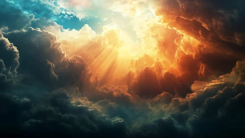 Sunlit storm clouds open radiant portal in turbulent sky