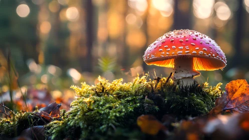 Backlit fly agaric mushroom glows in shallow forest focus