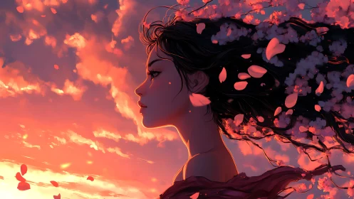 Sunset blossoms drift through a serene anime profile dream.