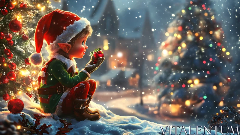 Christmas elf studies ornament under soft bokeh snow lighting