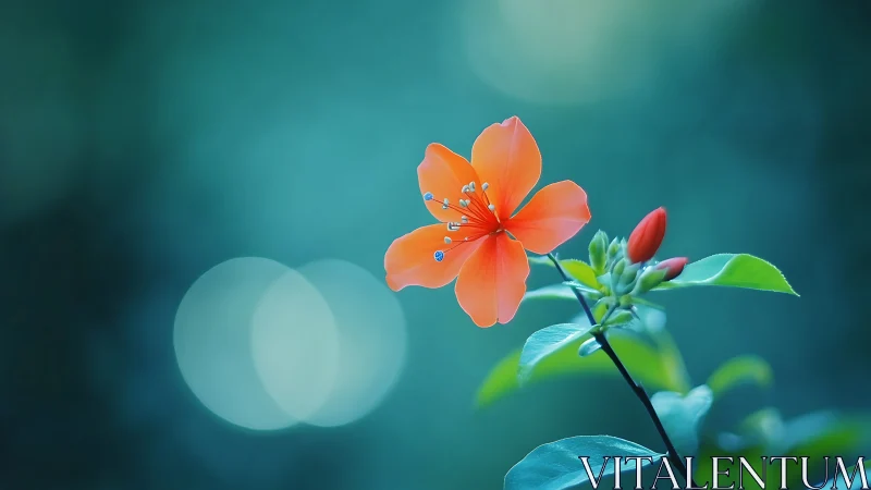 Orange blossom macro against teal bokeh background.