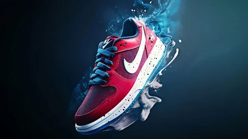 Bold red sneaker bursting with energetic splash of color.