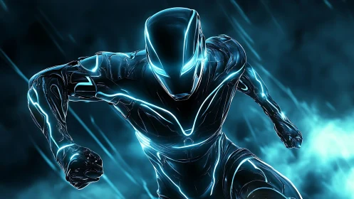 Cyan-lit cybernetic sprinter charging through digital storm.