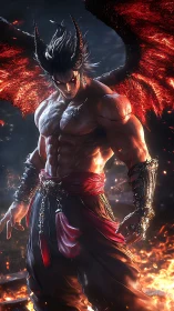 Demonic warrior rendered with high-detail musculature and lava-lit wings