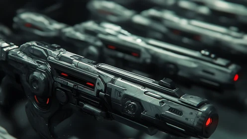 Futuristic plasma rifles in precision-engineered assembly line