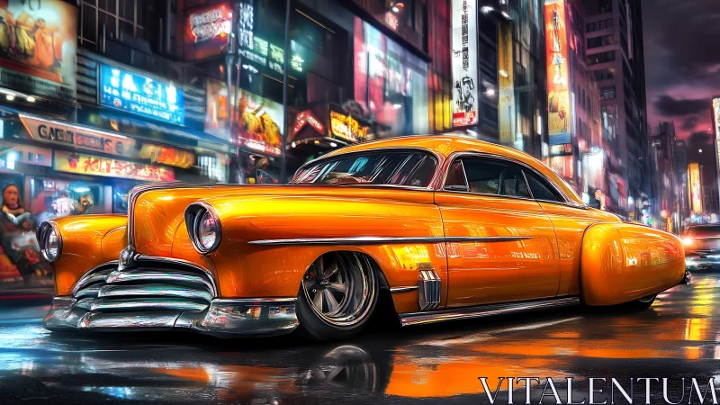 Custom orange lowrider glides through neon city street