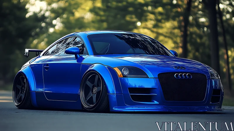 Midnight-blue street rocket gleams under forest hush.