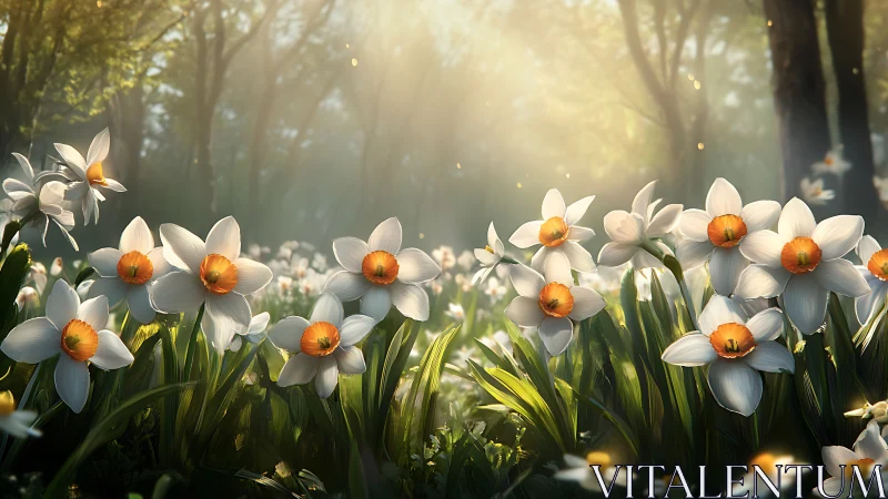 Sunlit Daffodils in Forest Glade Create Dreamy Spring Garden Scene
