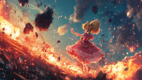Anime princess figure amid volcanic fire and debris field.