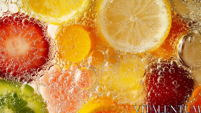 Sparkling slices of fresh fruit dancing in fizzy bubbles.