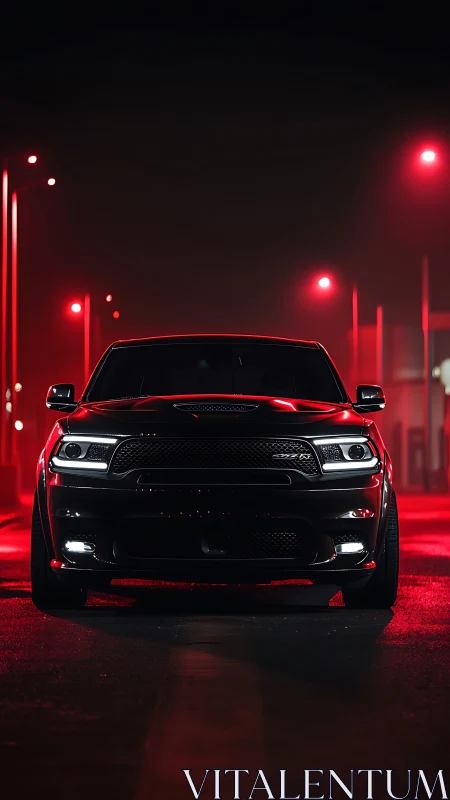 Black performance SUV under red neon night street lights.