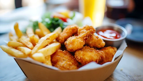 Crispy chicken bites with fries in shallow depth-of-field focus.