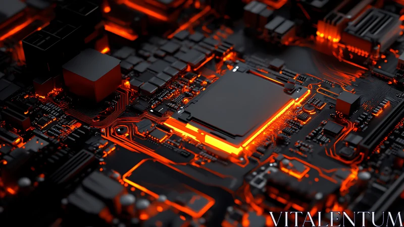 Glowing CPU on dark motherboard with orange circuit paths.