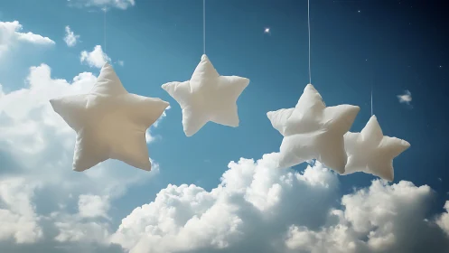 Suspended star pillows drift above cumulus clouds in daylight