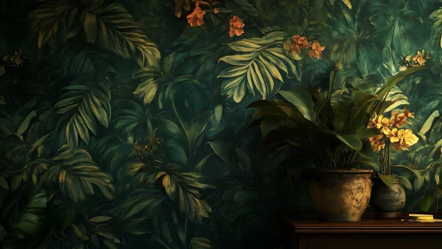 Indoor potted plants against dense tropical leaf mural wall.