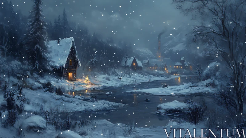Snowbound riverside village with glowing winter cabins.