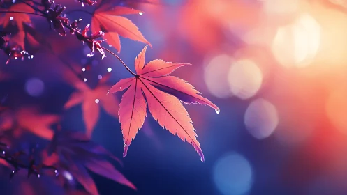 Red maple leaf hangs against glowing bokeh twilight sky