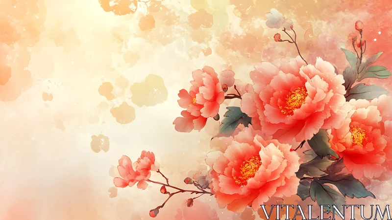 Coral pink peonies with golden stamen rendered in digital watercolor technique