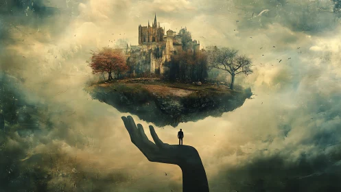 Mystical floating castle gently rests in a guardian hand