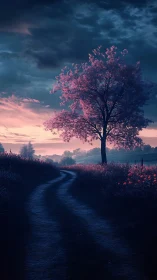 Twilight country path curves beneath luminous pink-blossomed tree