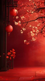 Red lanterns and cherry blossoms in warm festive light.