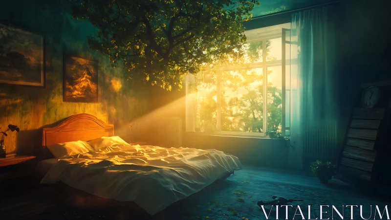 Sunlit bedroom interior integrates indoor tree with window light