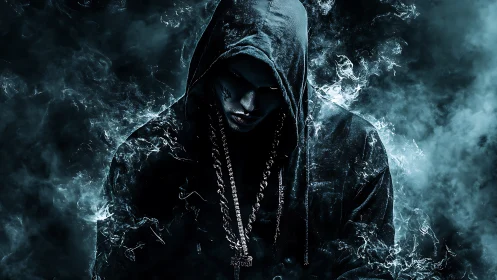 Hooded figure emerges from swirling blue smoke in darkness