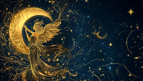 Celestial gold angel cradles crescent moon in starfield