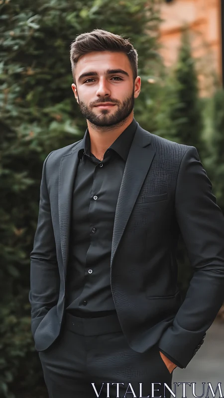 Man in dark suit standing outdoors near evergreen foliage.