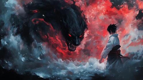 Samurai confronts demonic shadow amid crimson storm clouds.