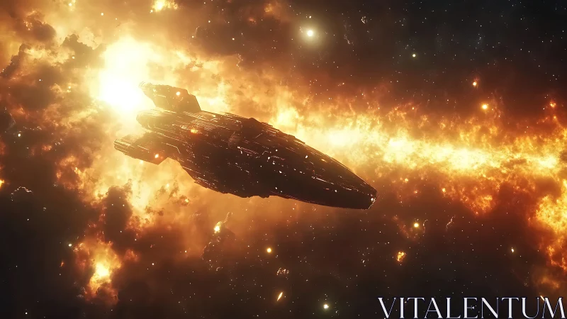 Starship crosses dense orange nebula with intense backlight