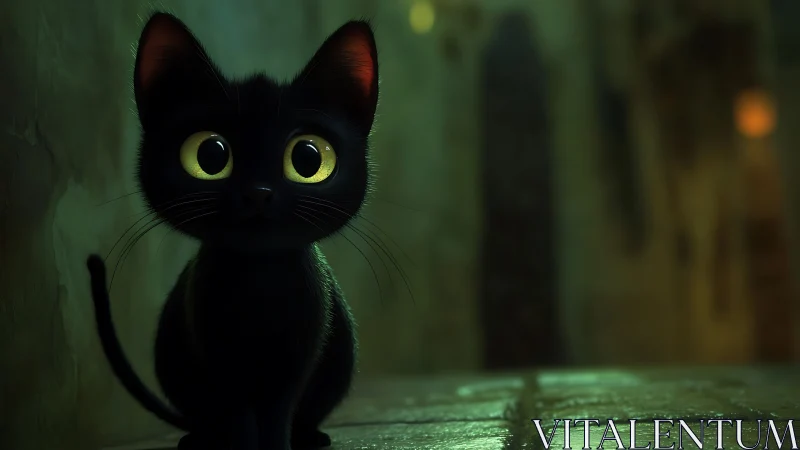Black Cat with Luminous Eyes in Moody Green Environment