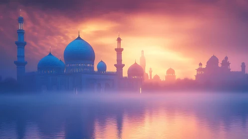 Domed riverside complex is rendered in mist at sunset