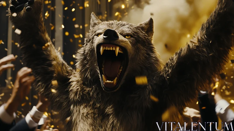 Triumphant werewolf roaring amid falling golden confetti.